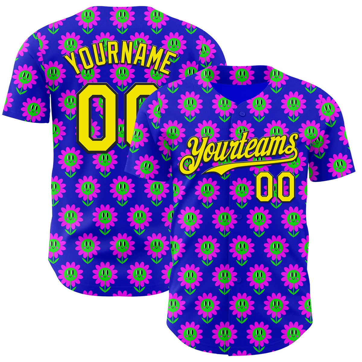 Custom Blue Light Yellow-Black Psychedelic Trippy Flower Authentic Baseball Jersey