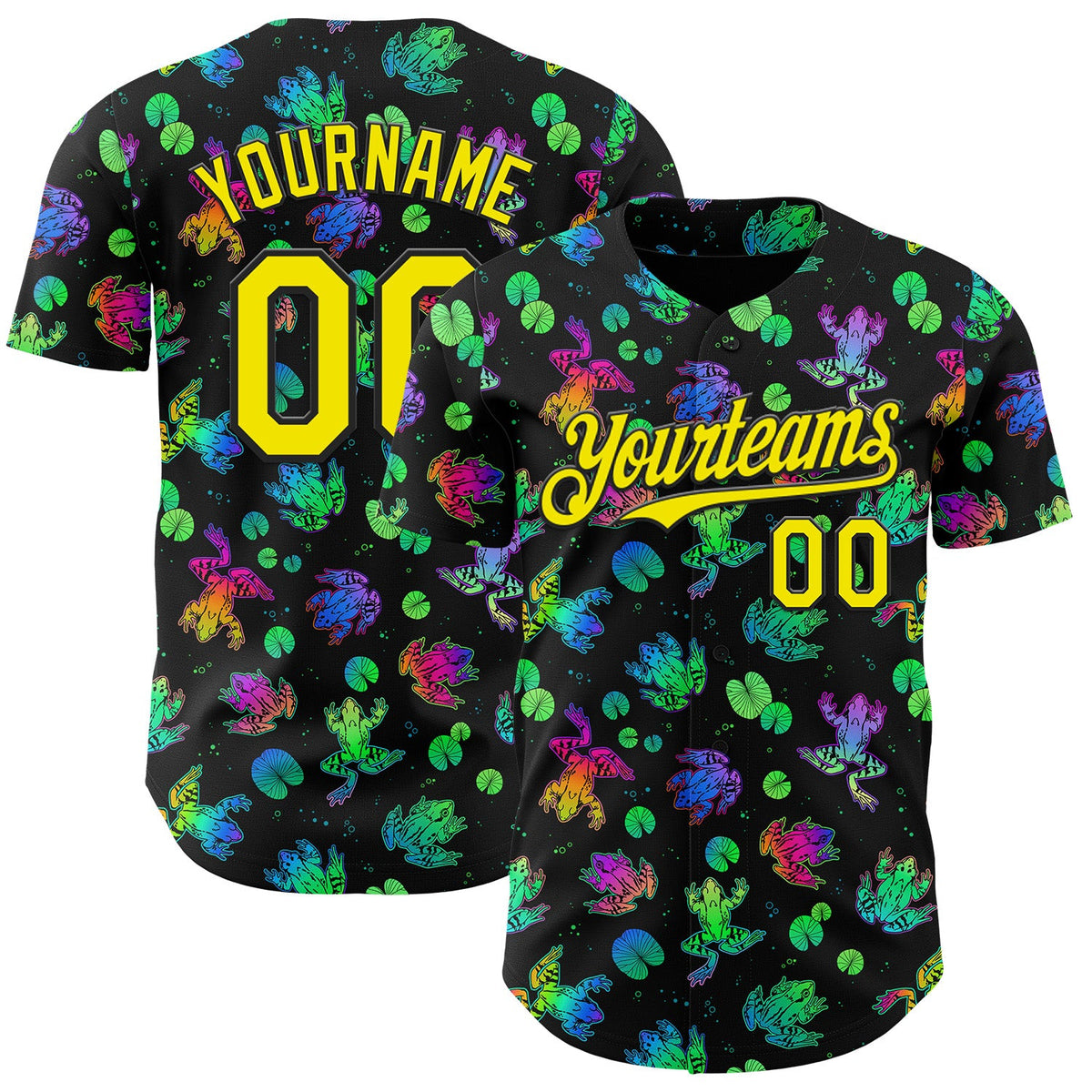 Custom Black-Light Yellow Psychedelic Trippy Frog Authentic Baseball Jersey
