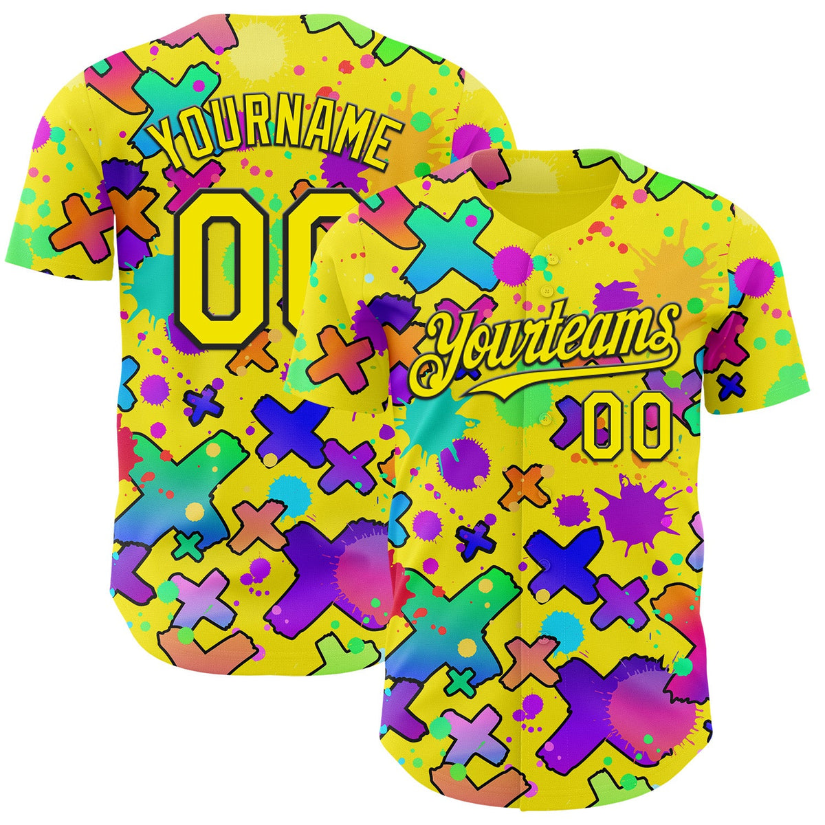 Custom Light Yellow-Black Psychedelic Trippy Graffiti Splatter Authentic Baseball Jersey
