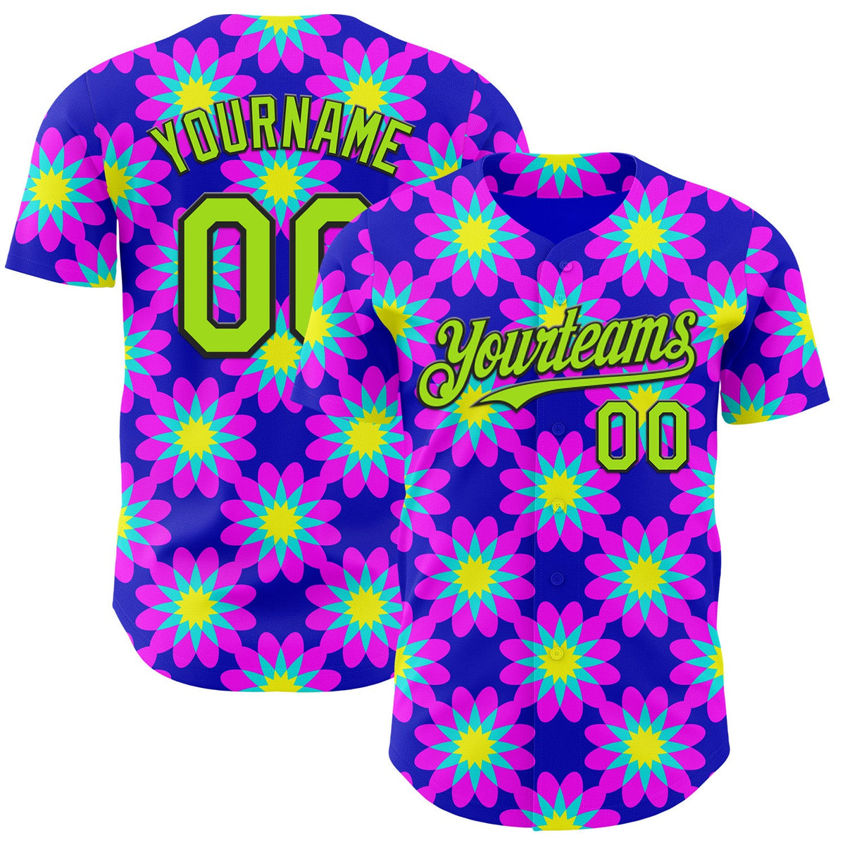 Custom Blue Neon Green-Black Psychedelic Trippy Flower Authentic Baseball Jersey