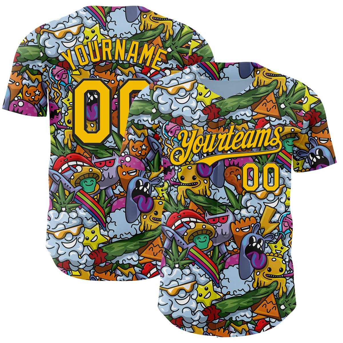 Custom Blue Yellow-Black Psychedelic Trippy Graffiti Cartoon Authentic Baseball Jersey
