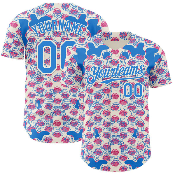 Custom Cream-Electric Blue Psychedelic Trippy Flow Line Authentic Baseball Jersey