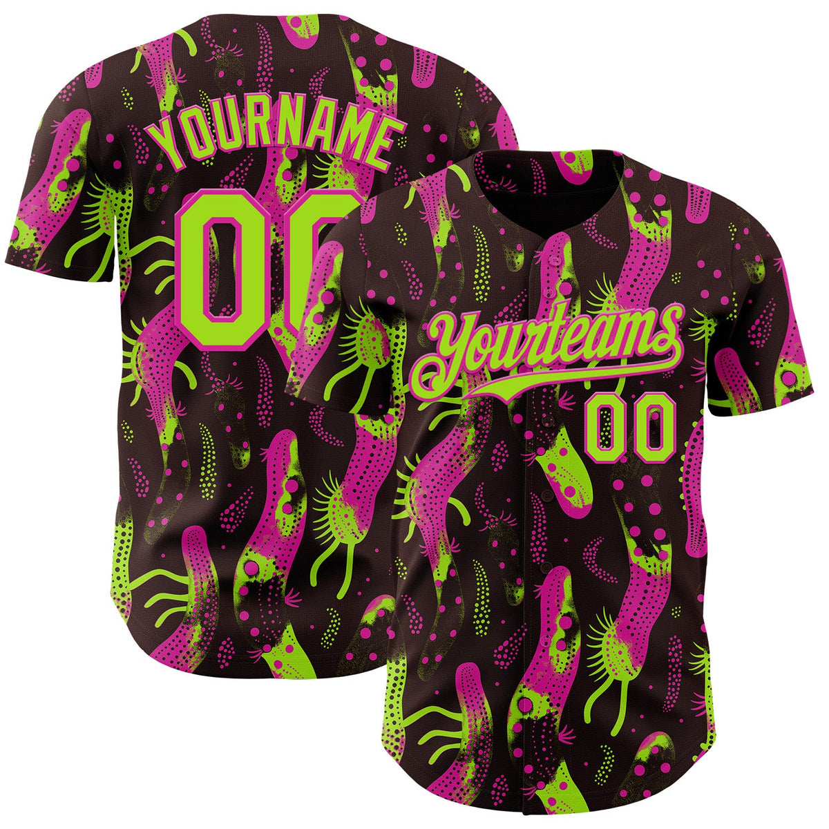 Custom Brown Neon Green-Deep Pink Psychedelic Trippy Sea Life Authentic Baseball Jersey