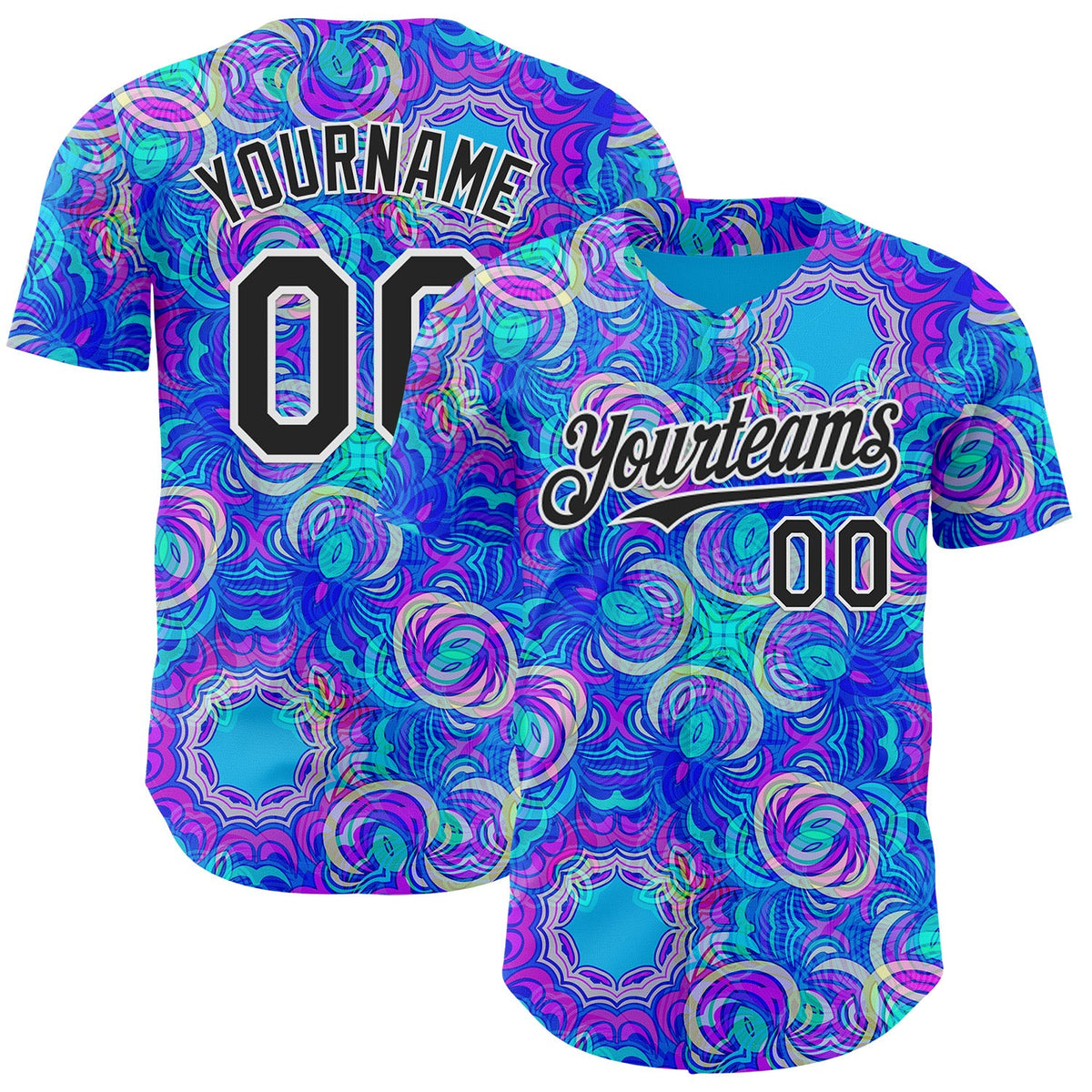 Custom Blue Black-White Psychedelic Trippy Neon Swirl Authentic Baseball Jersey