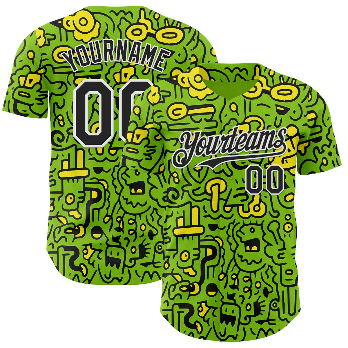 Custom Neon Green Black-White Psychedelic Trippy Neon Monster Authentic Baseball Jersey