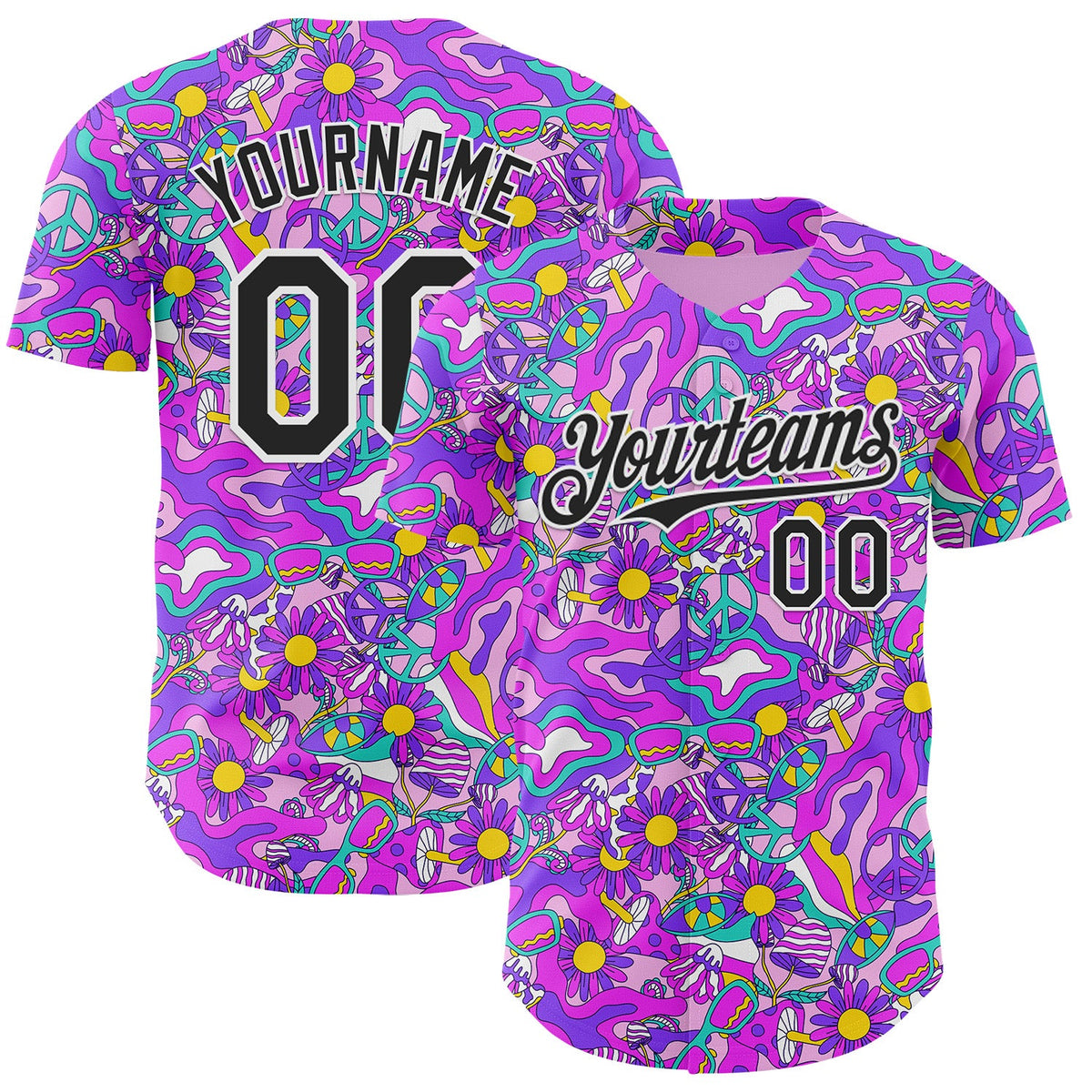 Custom Purple Black-White Psychedelic Trippy Mushroom & Floral Authentic Baseball Jersey