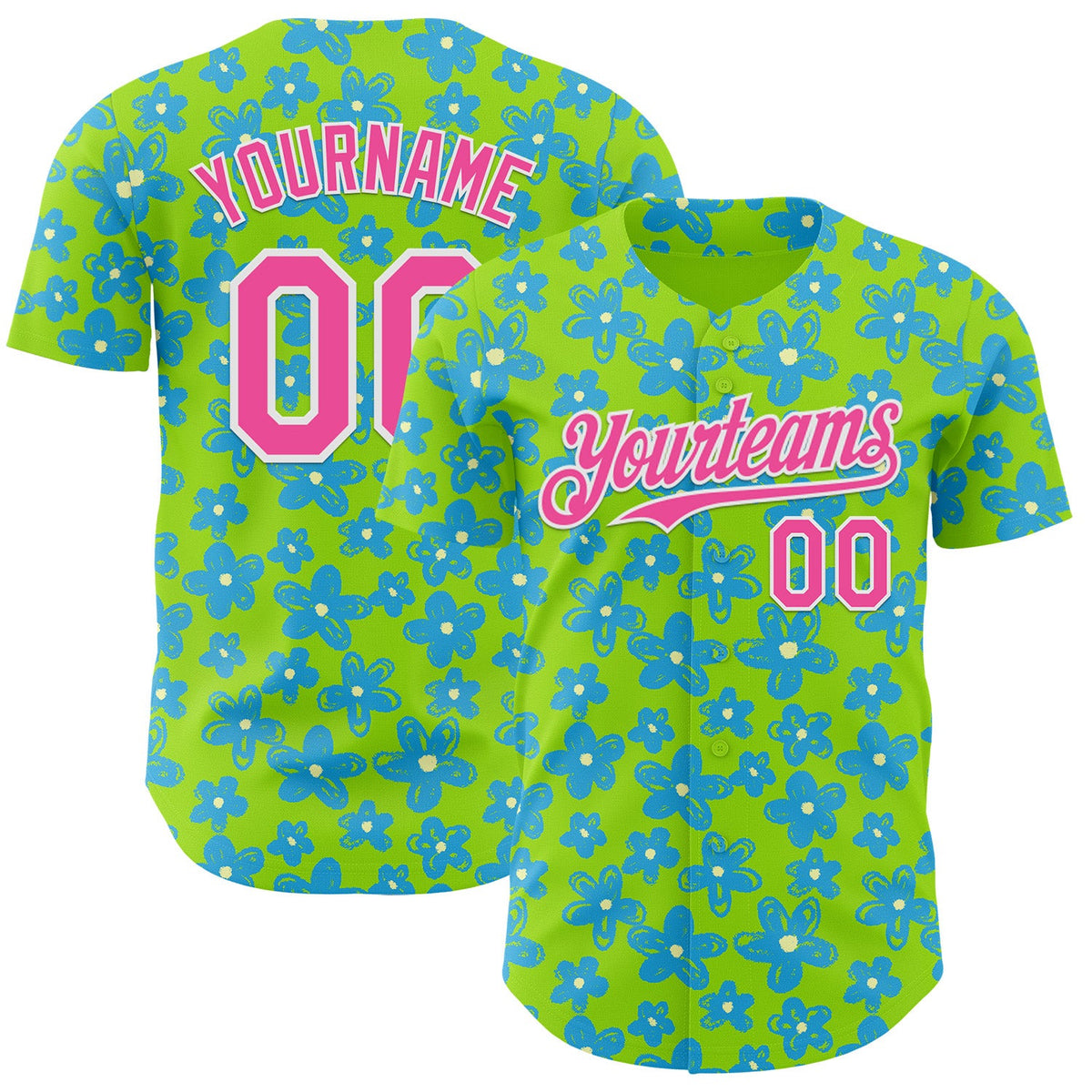 Custom Neon Green Pink-White Psychedelic Trippy Flower Authentic Baseball Jersey