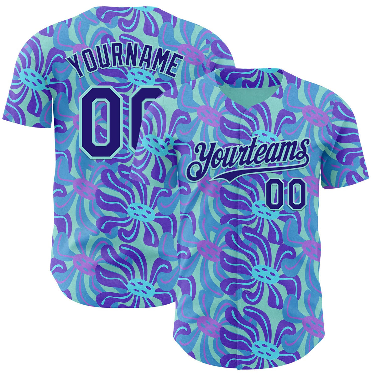 Custom Ice Blue-Dark Purple Psychedelic Trippy Flower Authentic Baseball Jersey