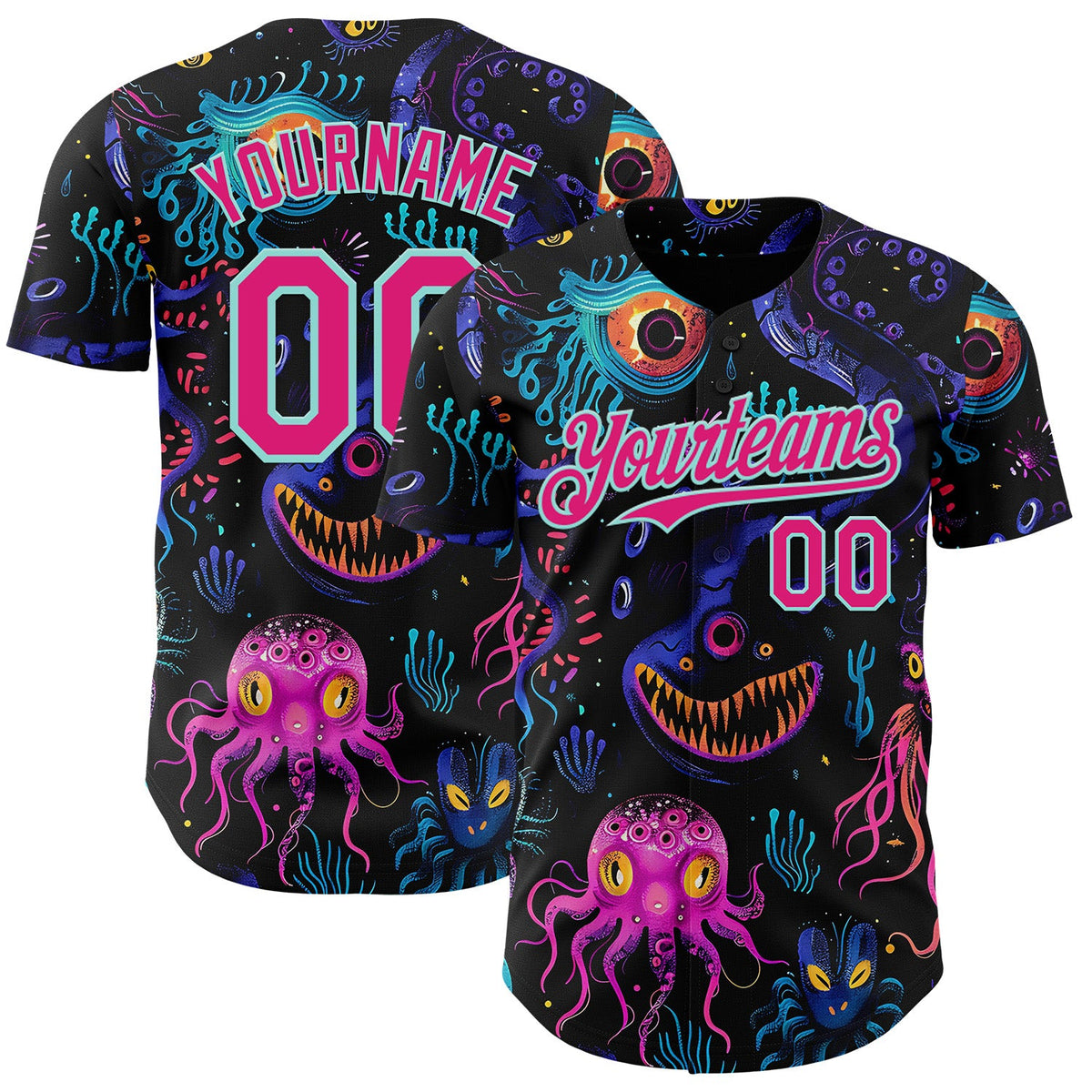 Custom Black Hot Pink-Ice Blue Psychedelic Trippy Sea Life Jellyfish & Octopus Authentic Baseball Jersey