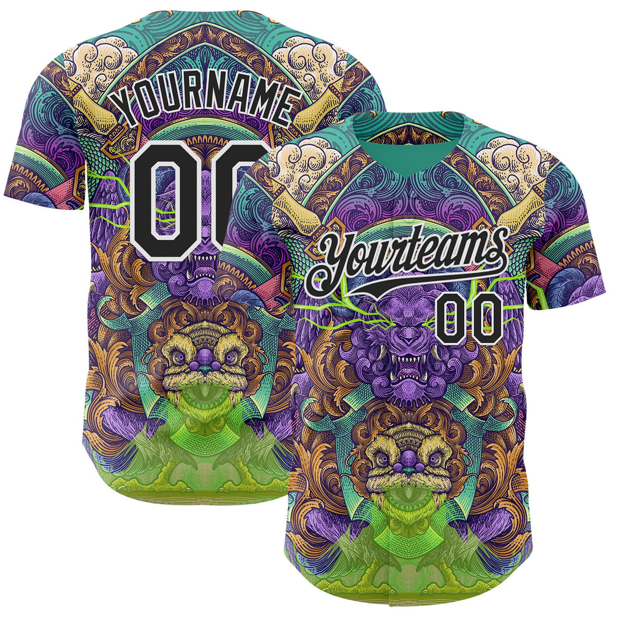 Custom Green Black-White Psychedelic Trippy Oriental Mythic Authentic Baseball Jersey
