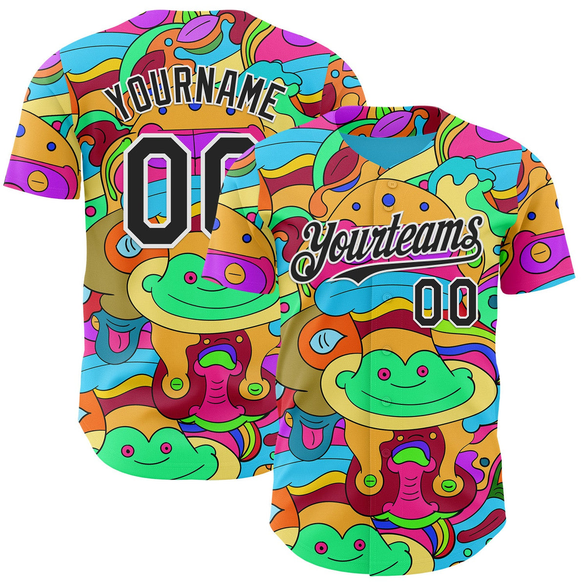 Custom Green Black-White Psychedelic Trippy Doodle Cartoon Authentic Baseball Jersey