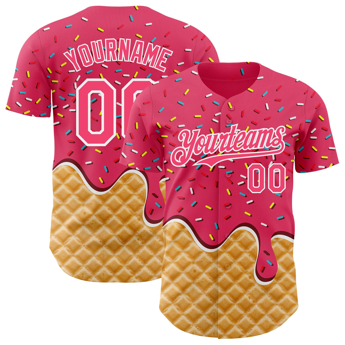Custom Neon Pink-White Ice Cream Waffle Foodie Dessert Authentic Baseball Jersey