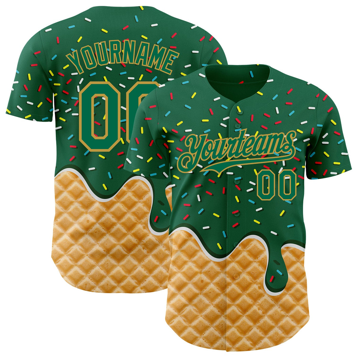 Custom Kelly Green-Old Gold Ice Cream Waffle Foodie Dessert Authentic Baseball Jersey