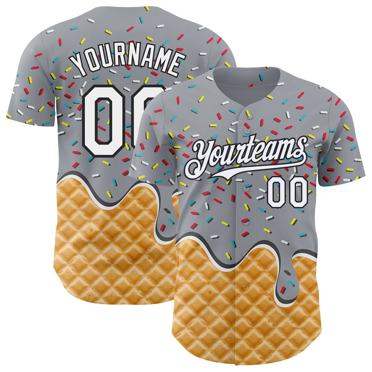 Custom Gray White-Black Ice Cream Waffle Foodie Dessert Authentic Baseball Jersey