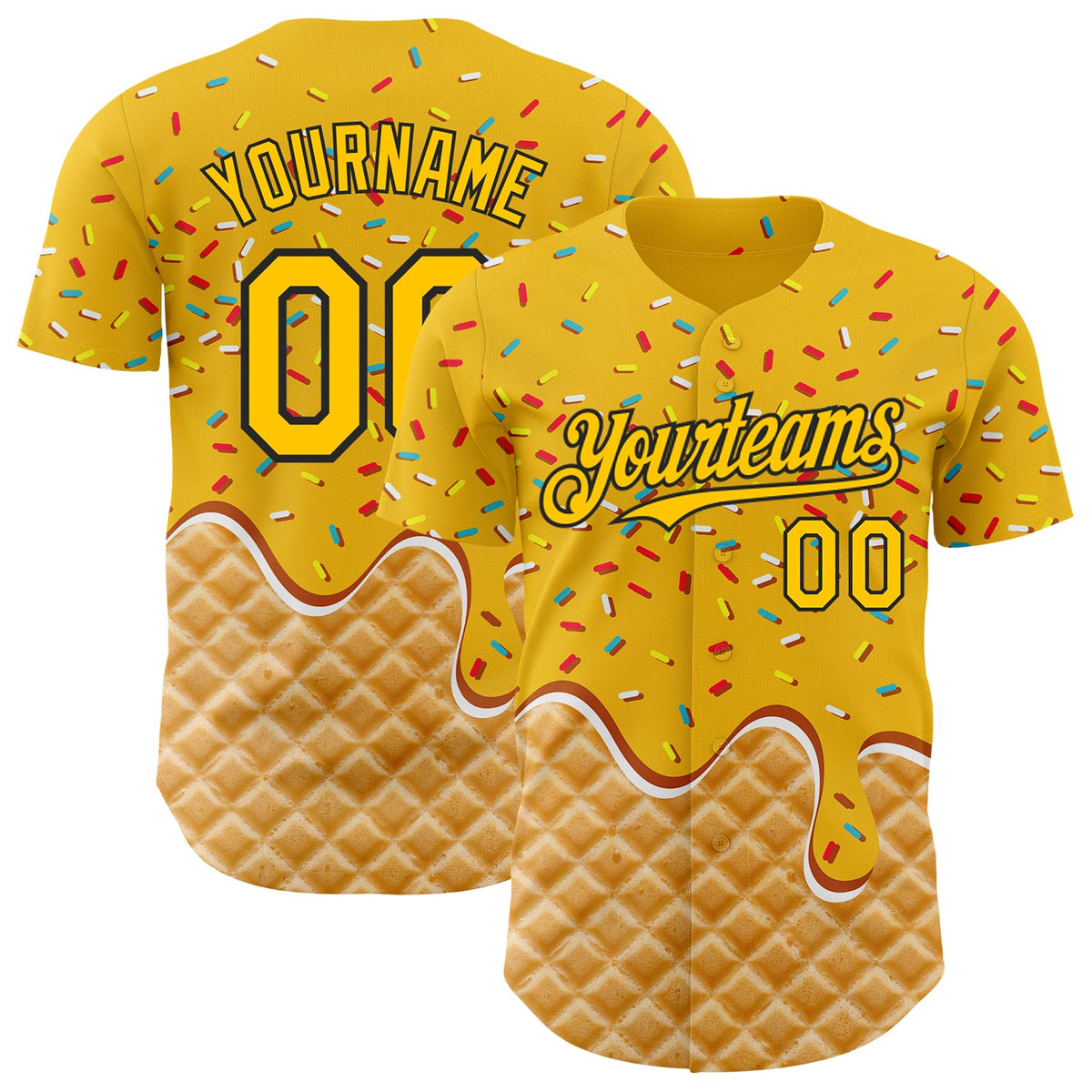 Custom Gold-Black Ice Cream Waffle Foodie Dessert Authentic Baseball Jersey