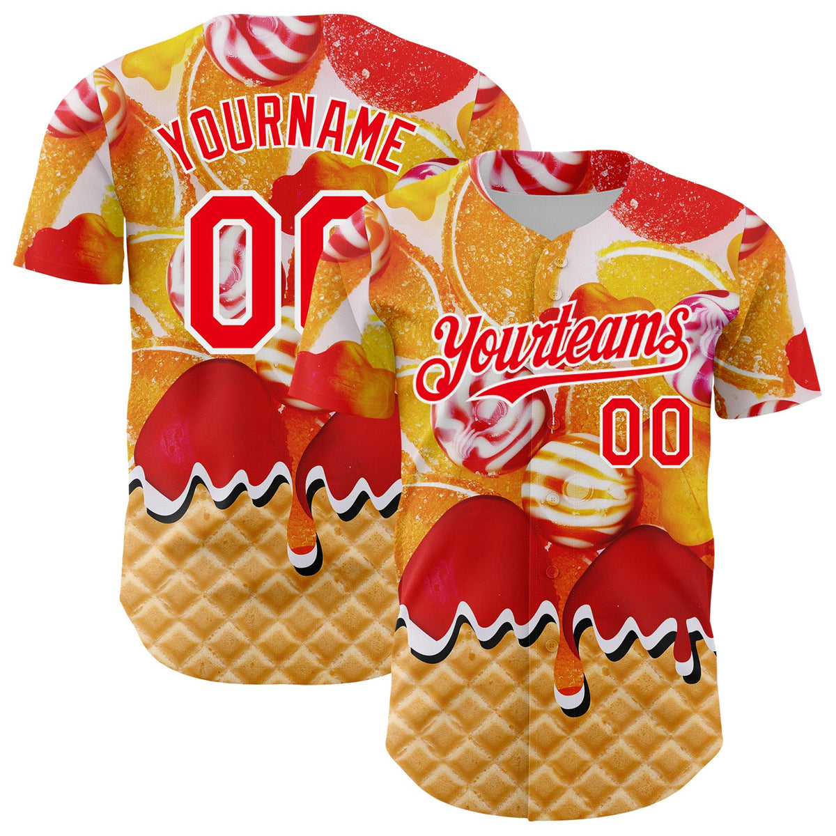 Custom Gold Fire Red-White Candy Ice Cream Waffle Sweet Sugar Authentic Baseball Jersey