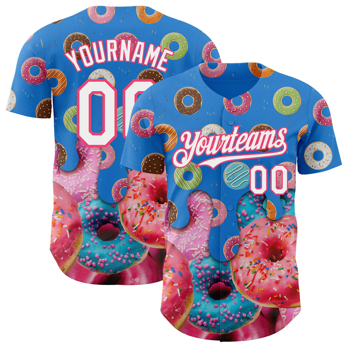 Custom Electric Blue White-Neon Pink Ice Cream Donut Foodie Dessert Authentic Baseball Jersey
