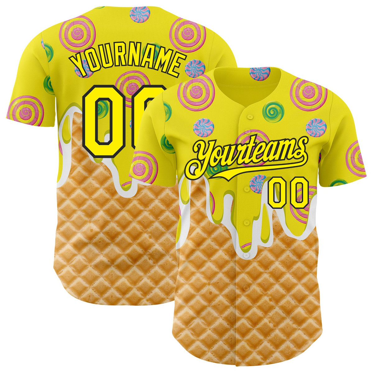 Custom Light Yellow-Black Ice Cream Waffle Donut  Foodie Dessert Authentic Baseball Jersey