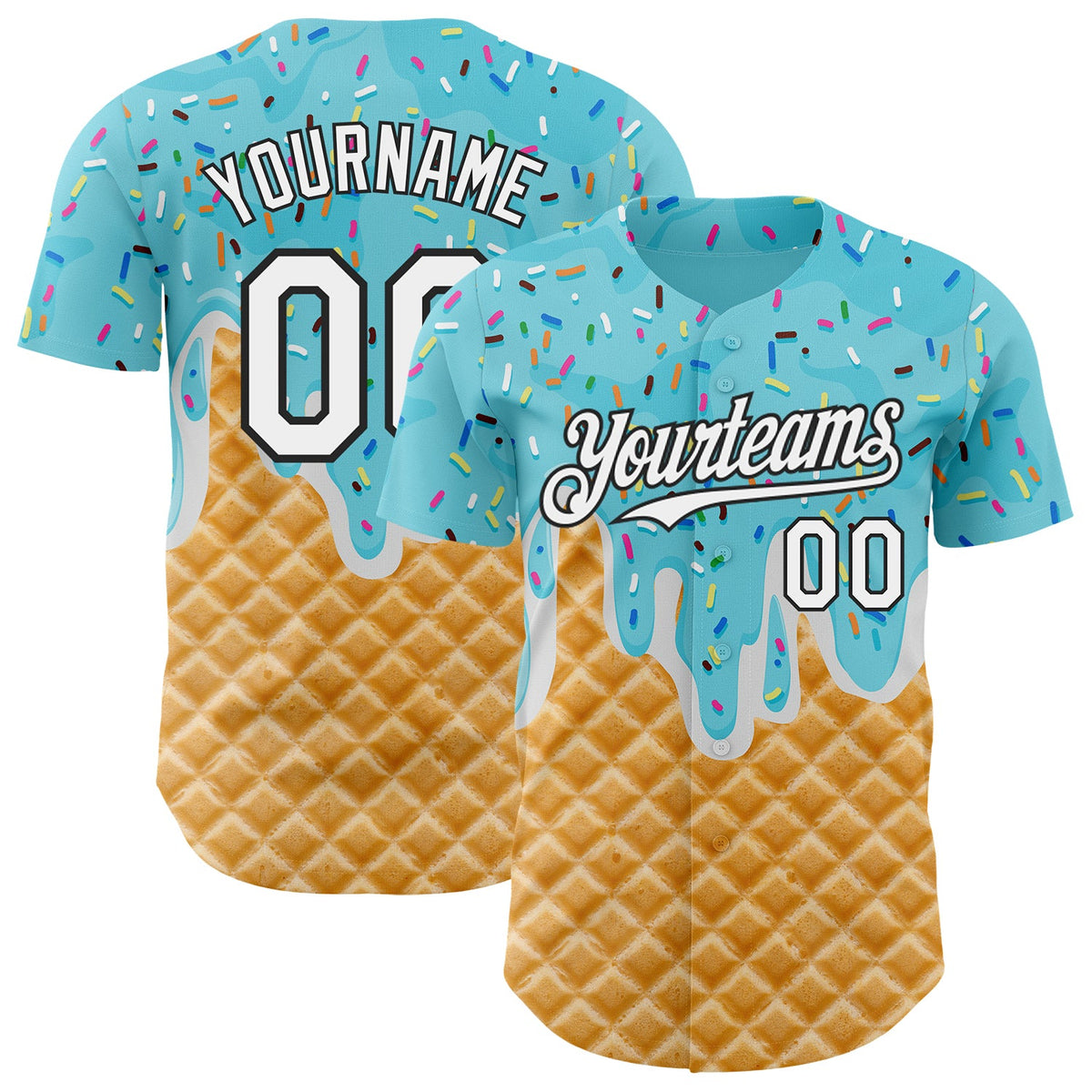 Custom Sky Blue White-Black Ice Cream Waffle Foodie Dessert Authentic Baseball Jersey