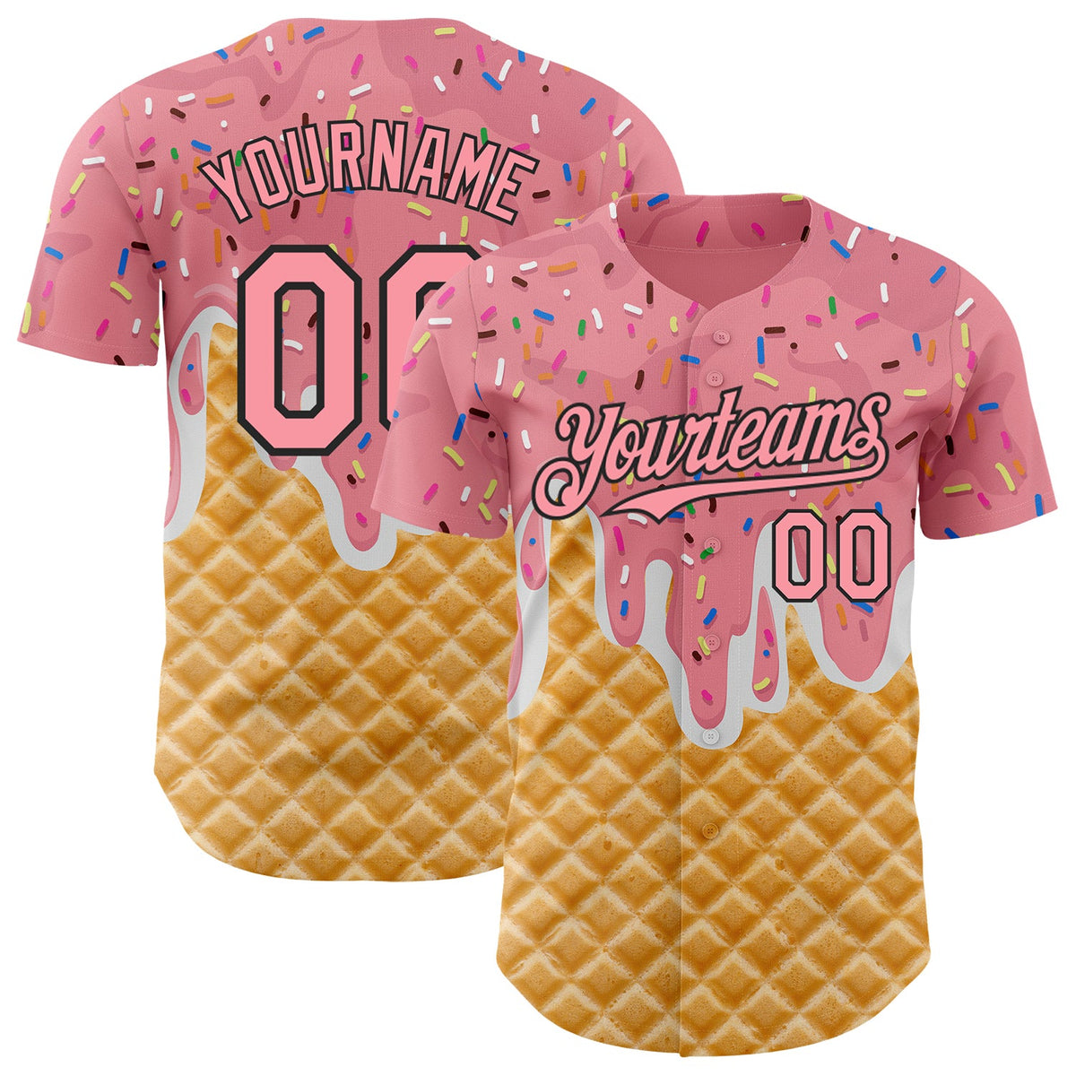 Custom Medium Pink-Black Ice Cream Waffle Foodie Dessert Authentic Baseball Jersey
