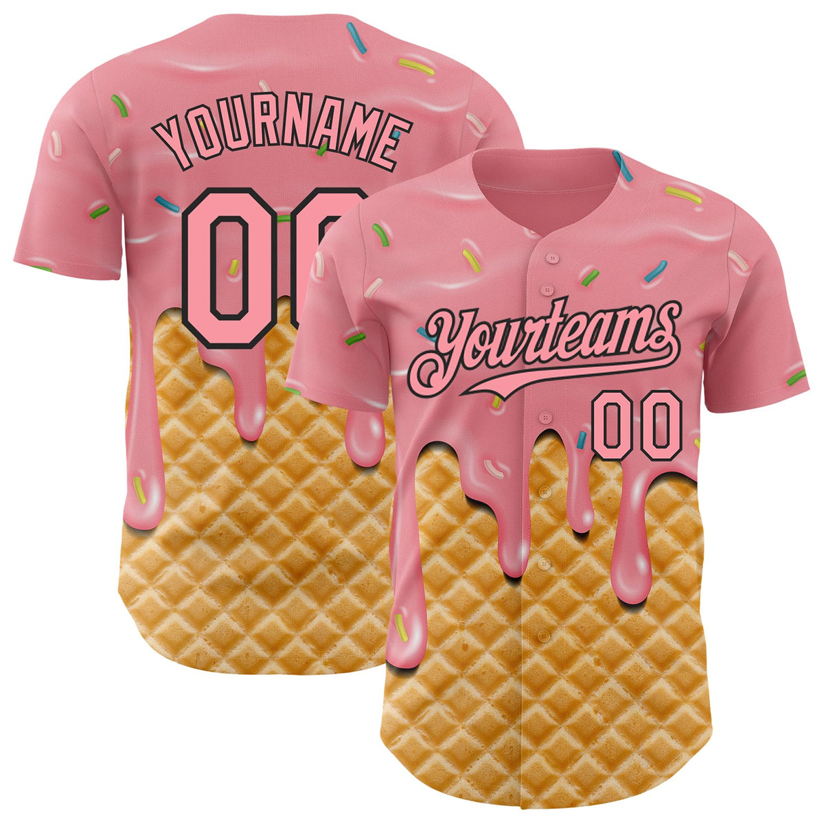 Custom Medium Pink-Black Ice Cream Waffle Foodie Dessert Authentic Baseball Jersey