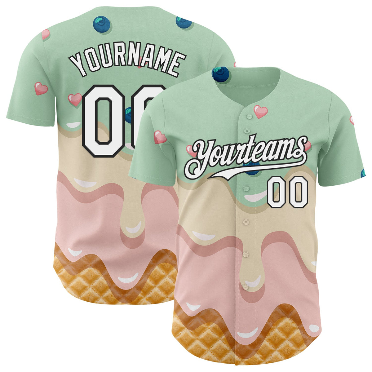 Custom Pea Green White-Black Ice Cream Waffle Foodie Dessert Authentic Baseball Jersey