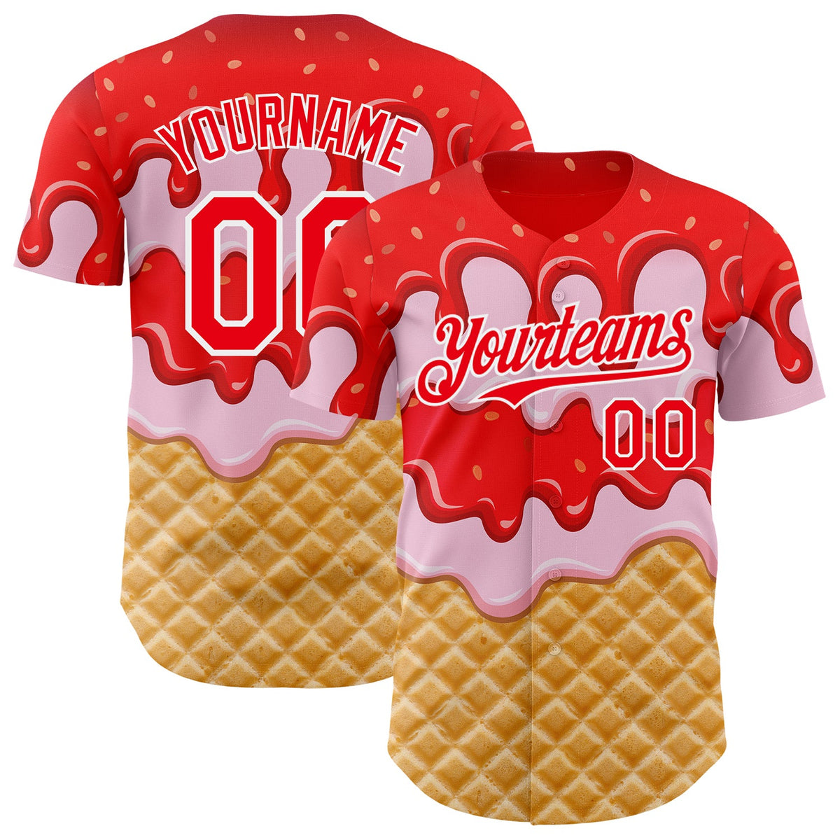 Custom Fire Red-White Ice Cream Waffle Foodie Dessert Authentic Baseball Jersey