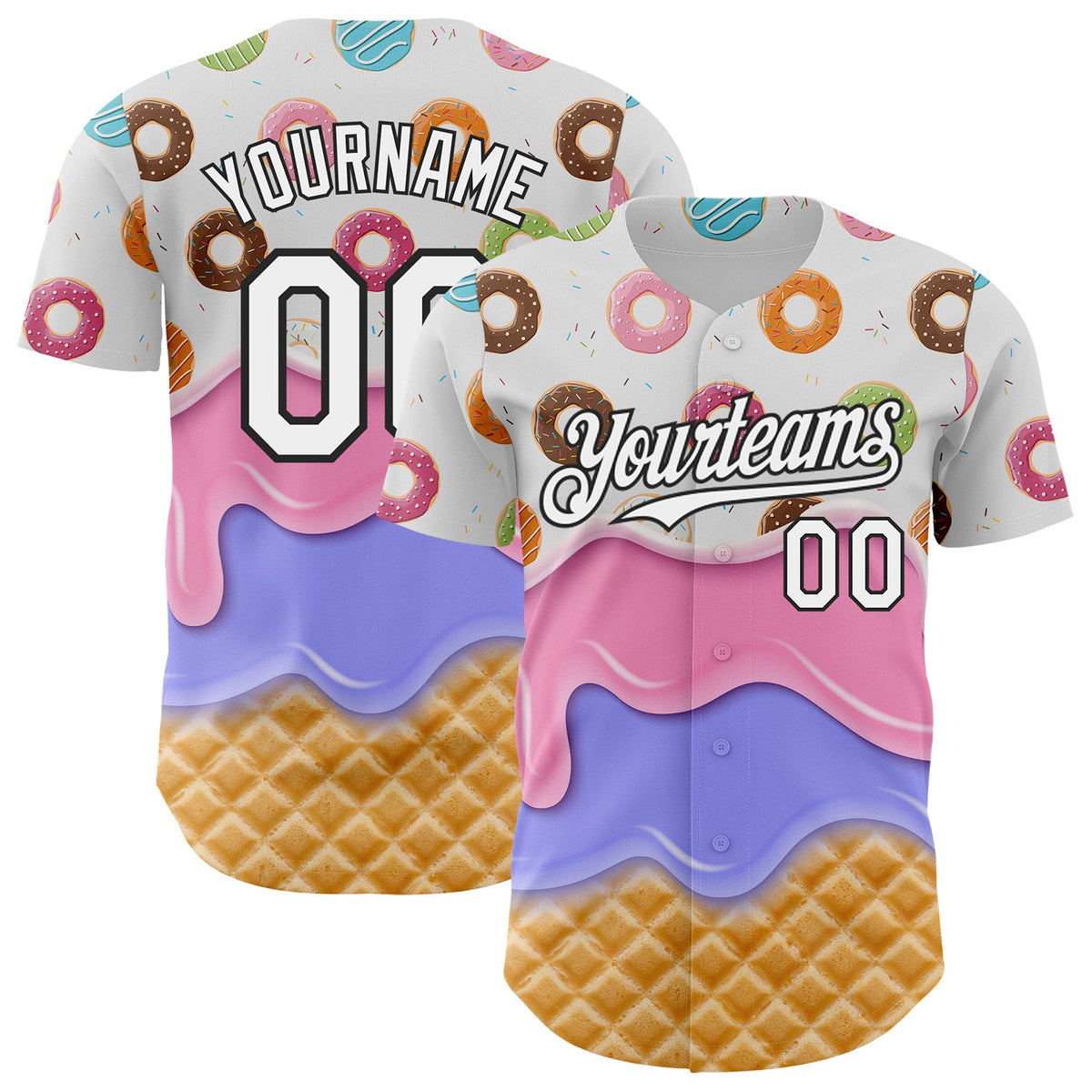 Custom White-Black Ice Cream Waffle Donut Foodie Dessert Authentic Baseball Jersey