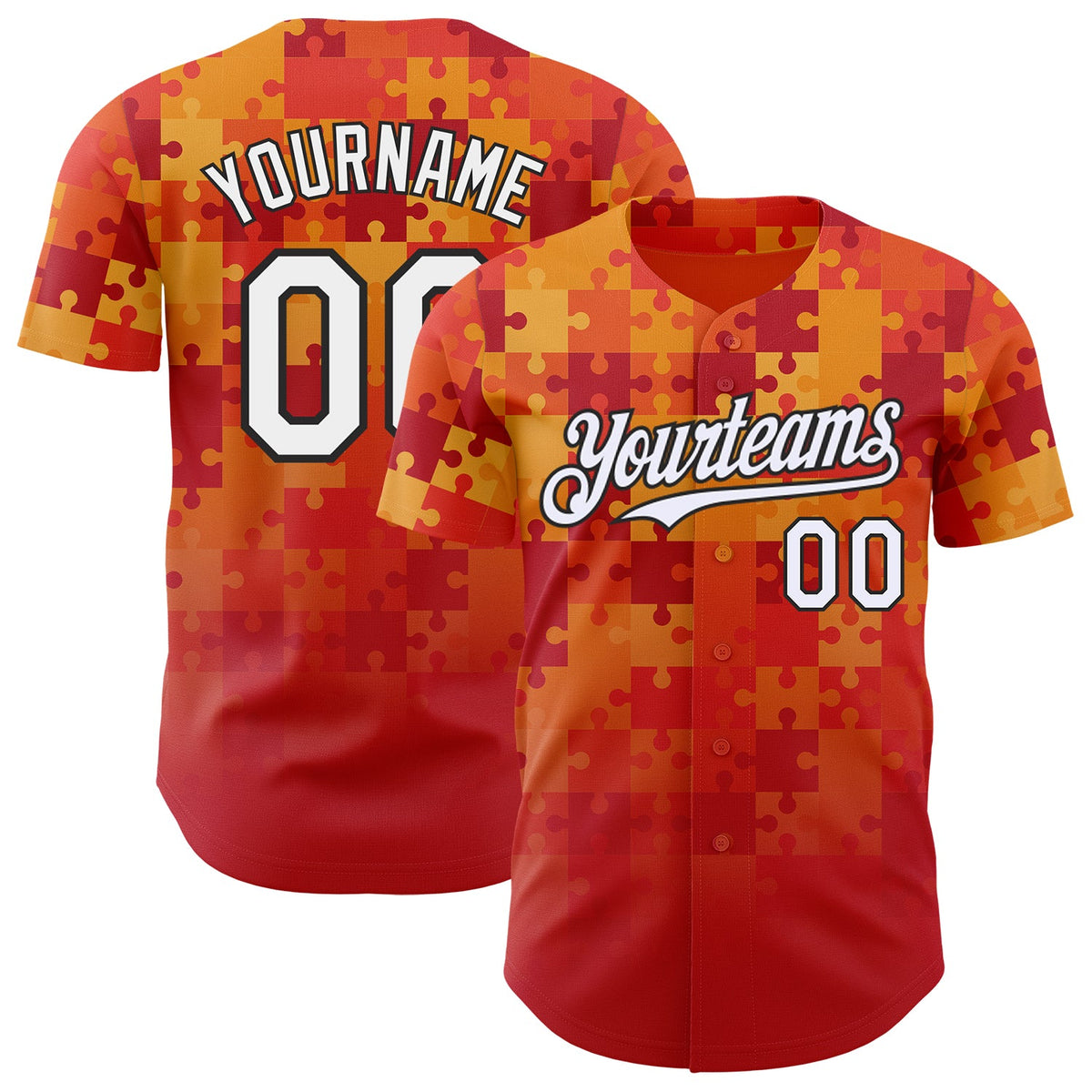 Custom Orange White-Black Puzzle 3D Pattern Design Authentic Baseball Jersey