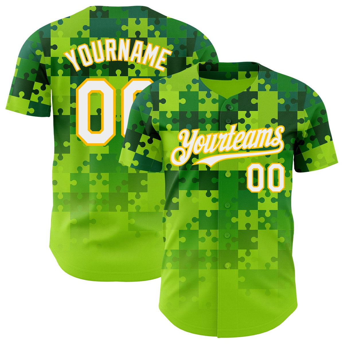 Custom Green White-Yellow Puzzle 3D Pattern Design Authentic Baseball Jersey