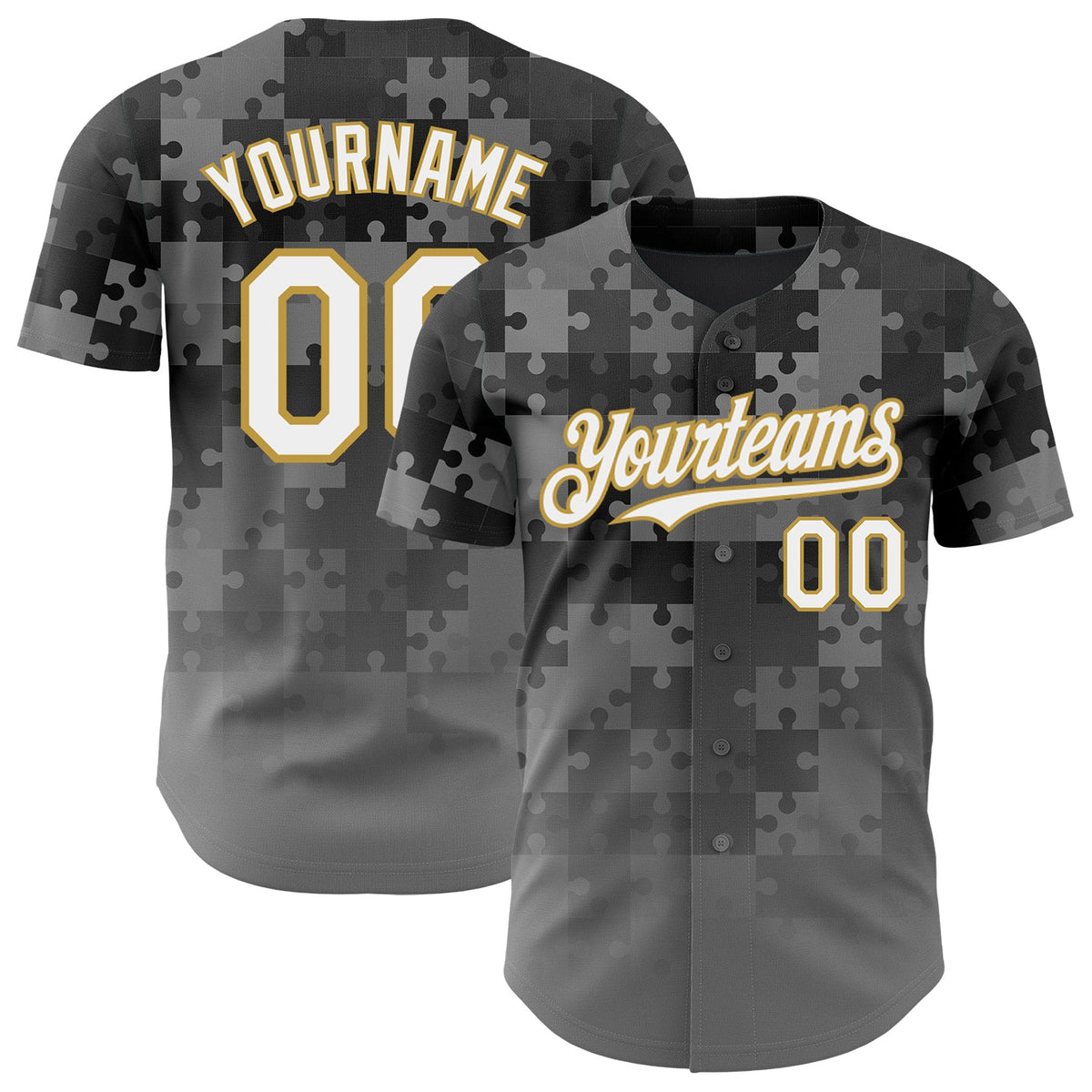 Custom Steel Gray White-Old Gold Puzzle 3D Pattern Design Authentic Baseball Jersey