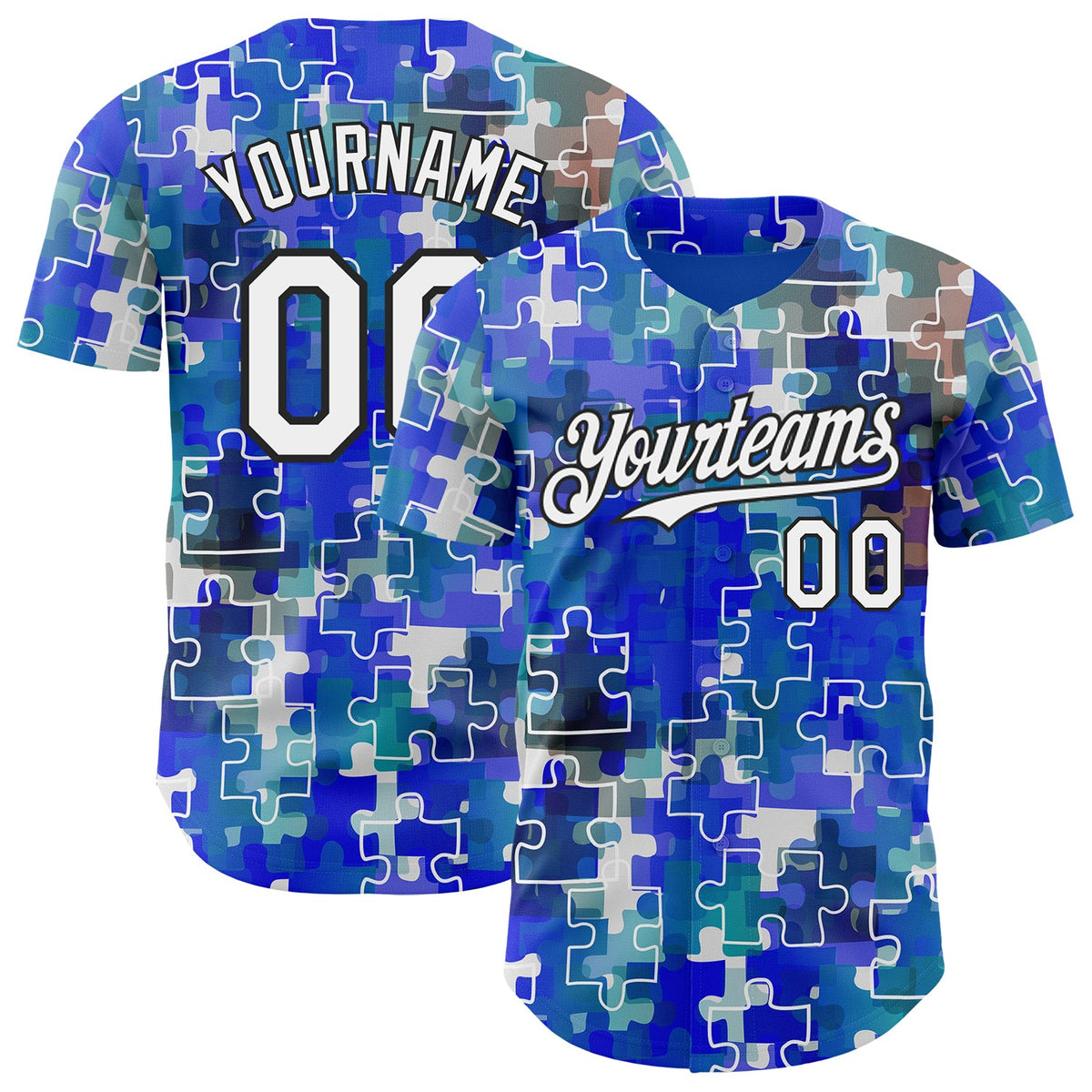 Custom Electric Blue White-Black Puzzle 3D Pattern Design Authentic Baseball Jersey