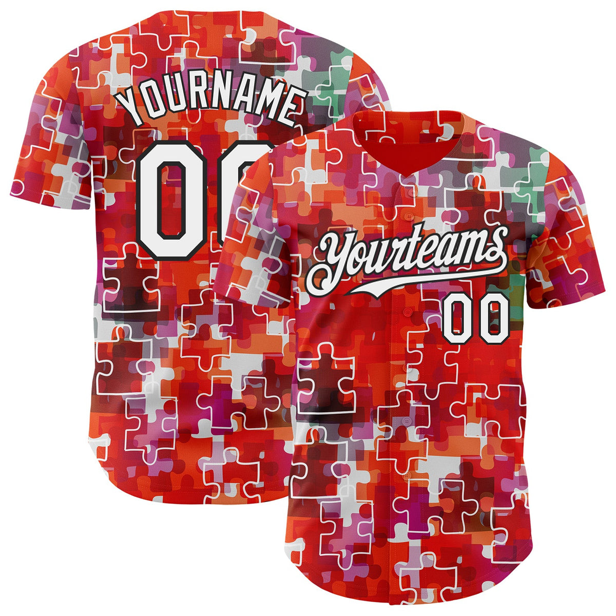Custom Red White-Black Puzzle 3D Pattern Design Authentic Baseball Jersey