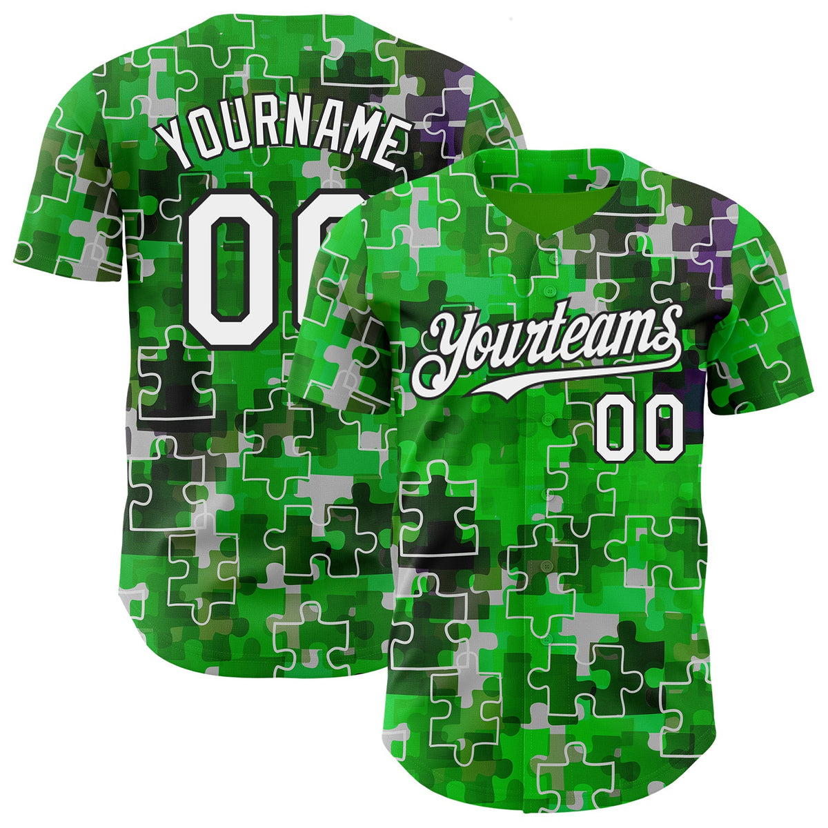 Custom Green White-Black Puzzle 3D Pattern Design Authentic Baseball Jersey