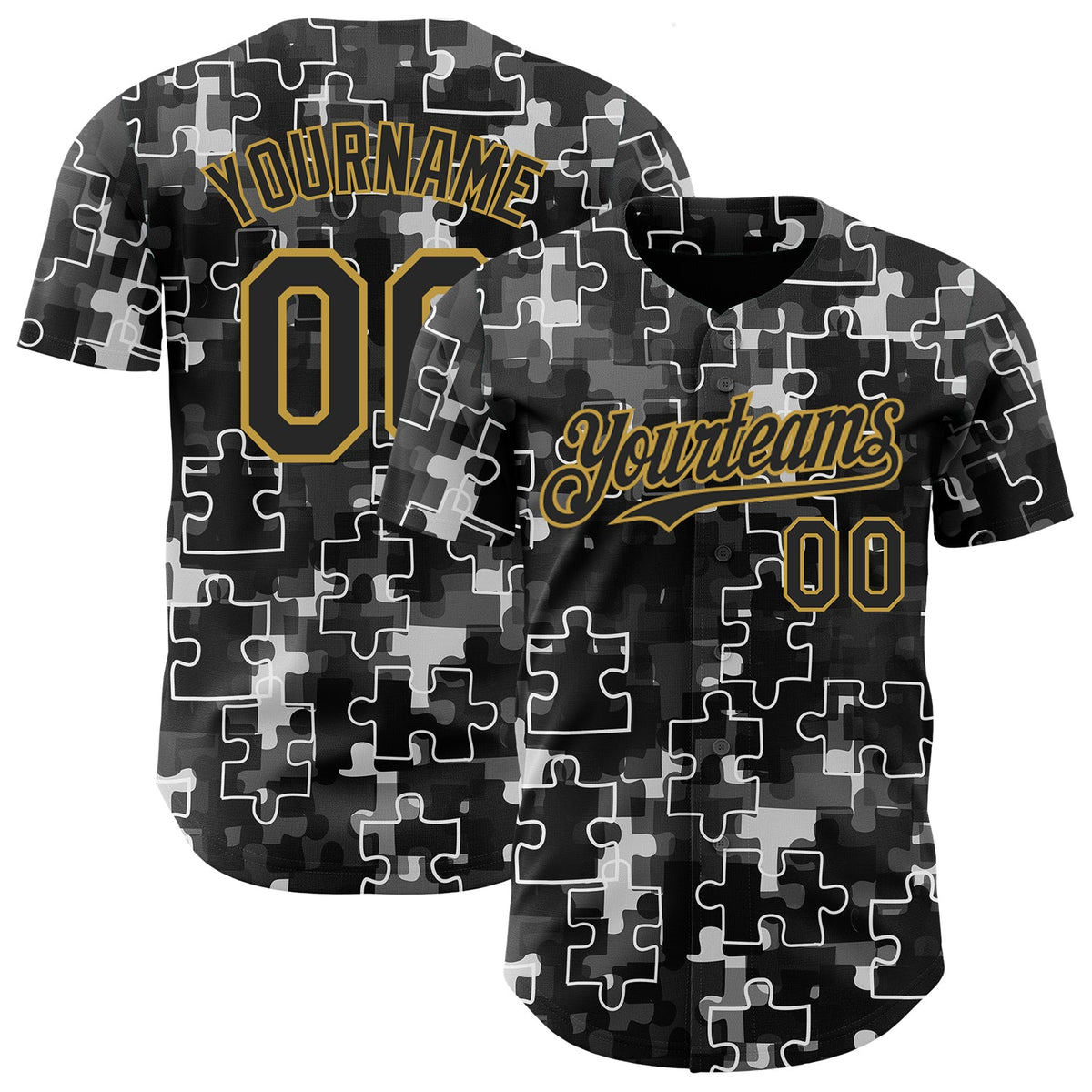 Custom Black-Old Gold Puzzle 3D Pattern Design Authentic Baseball Jersey