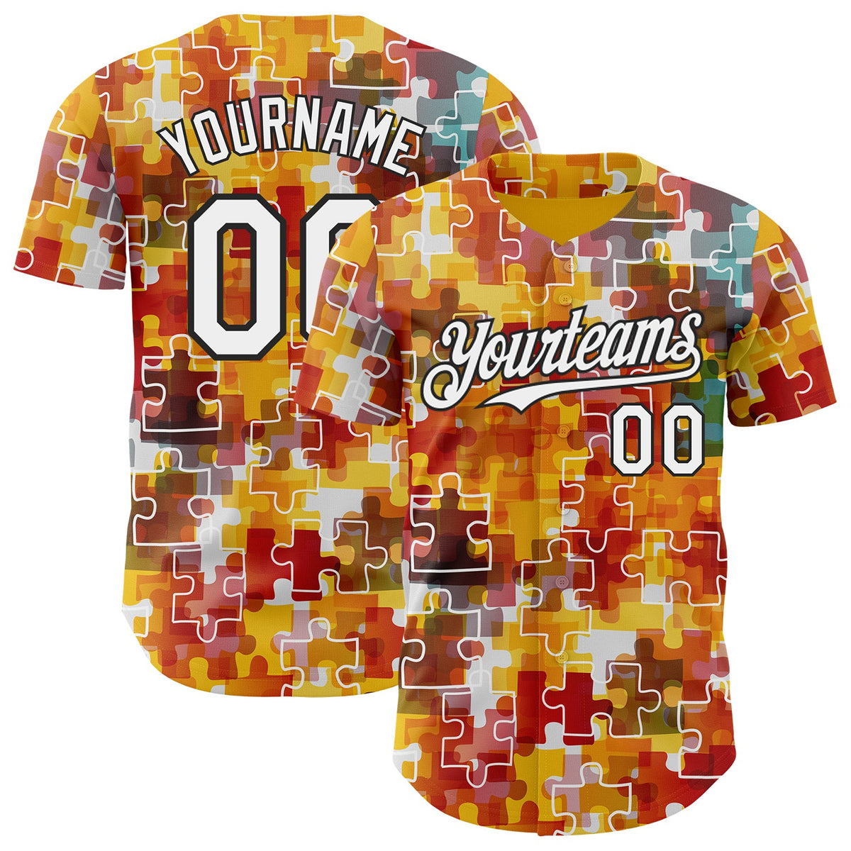 Custom Gold White-Black Puzzle 3D Pattern Design Authentic Baseball Jersey