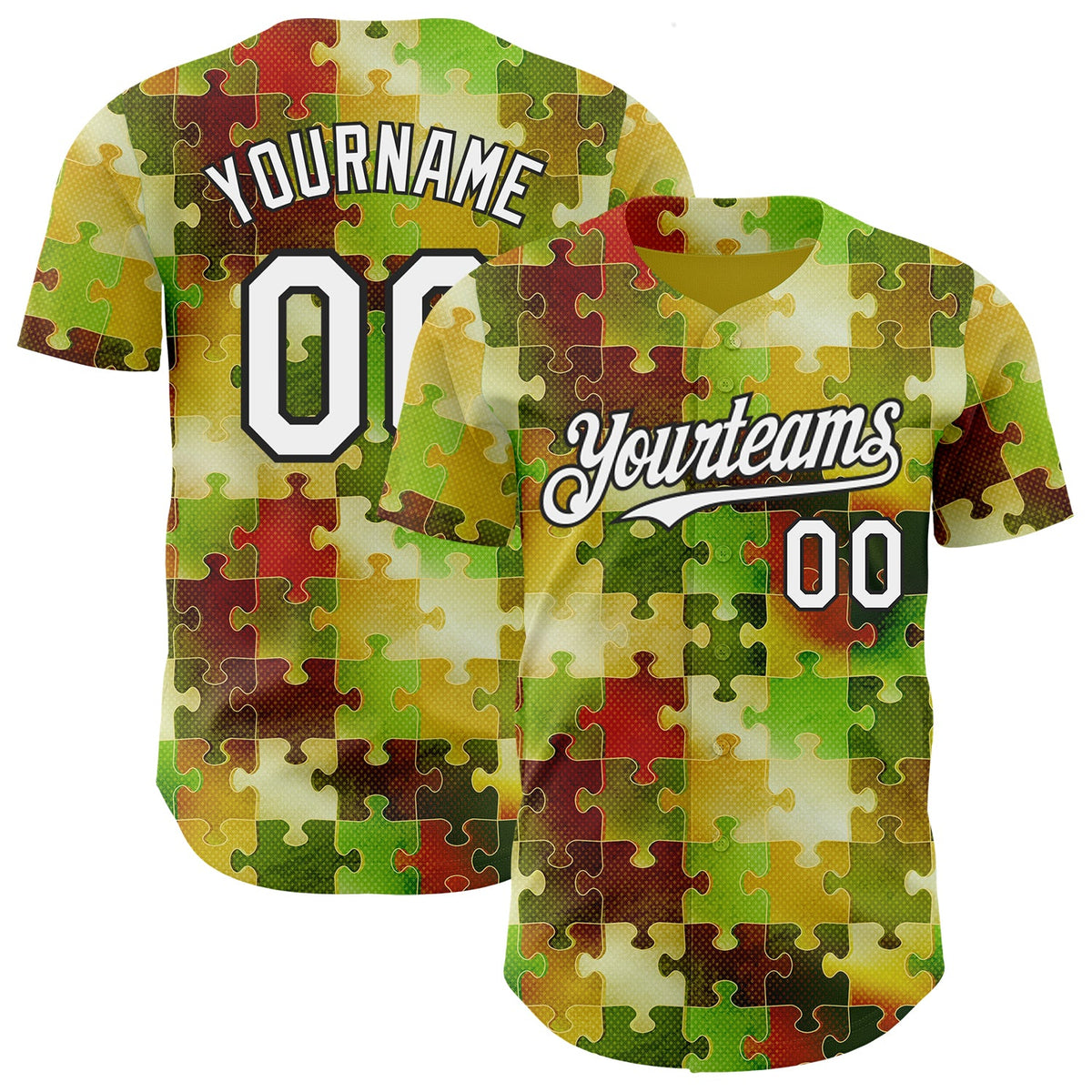 Custom Green White-Black Puzzle 3D Pattern Design Authentic Baseball Jersey
