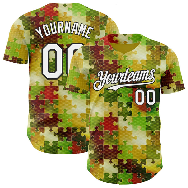 Custom Green White-Black Puzzle 3D Pattern Design Authentic Baseball Jersey