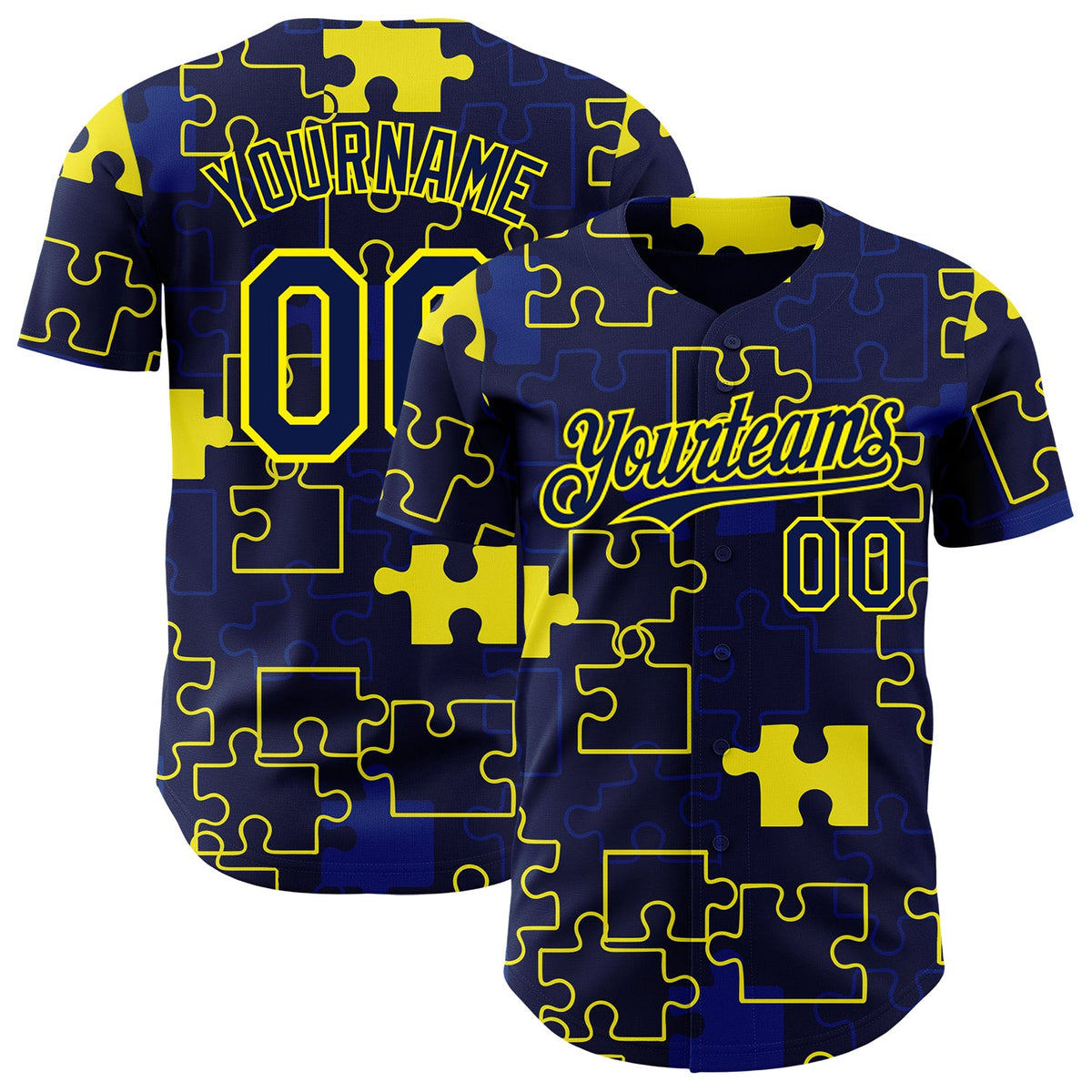Custom Navy-Light Yellow Puzzle 3D Pattern Design Authentic Baseball Jersey