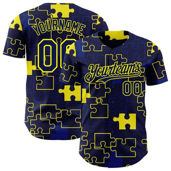 Custom Navy-Light Yellow Puzzle 3D Pattern Design Authentic Baseball Jersey