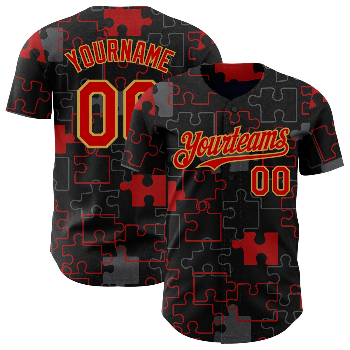 Custom Black Red-Old Gold Puzzle 3D Pattern Design Authentic Baseball Jersey
