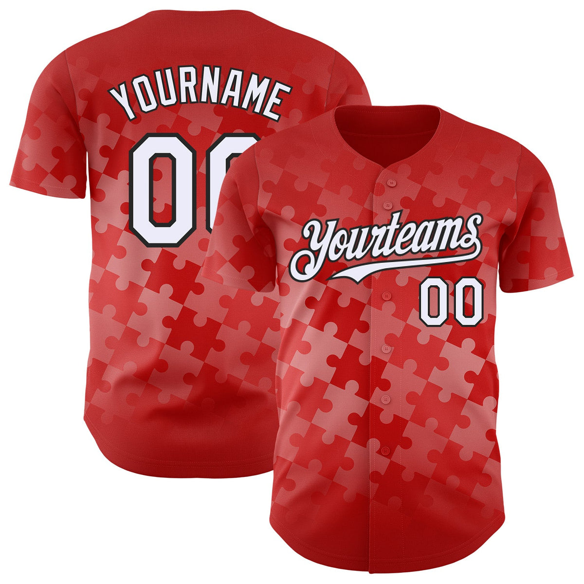 Custom Red White-Black Puzzle 3D Pattern Design Authentic Baseball Jersey