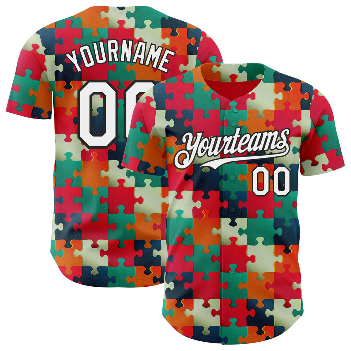 Custom Red White-Black Puzzle 3D Pattern Design Authentic Baseball Jersey