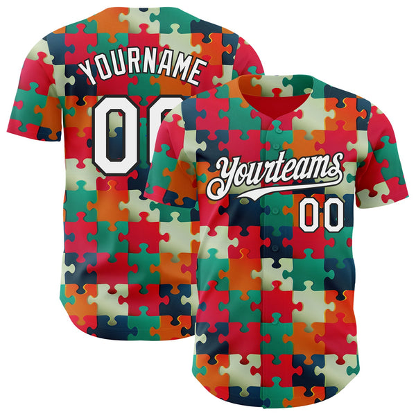 Custom Red White-Black Puzzle 3D Pattern Design Authentic Baseball Jersey