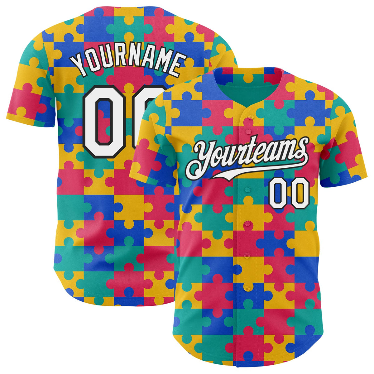 Custom Teal White-Black Puzzle 3D Pattern Design Authentic Baseball Jersey