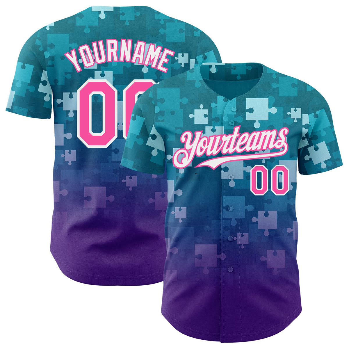 Custom Teal Pink Purple-White Gradient Puzzle 3D Pattern Design Authentic Baseball Jersey