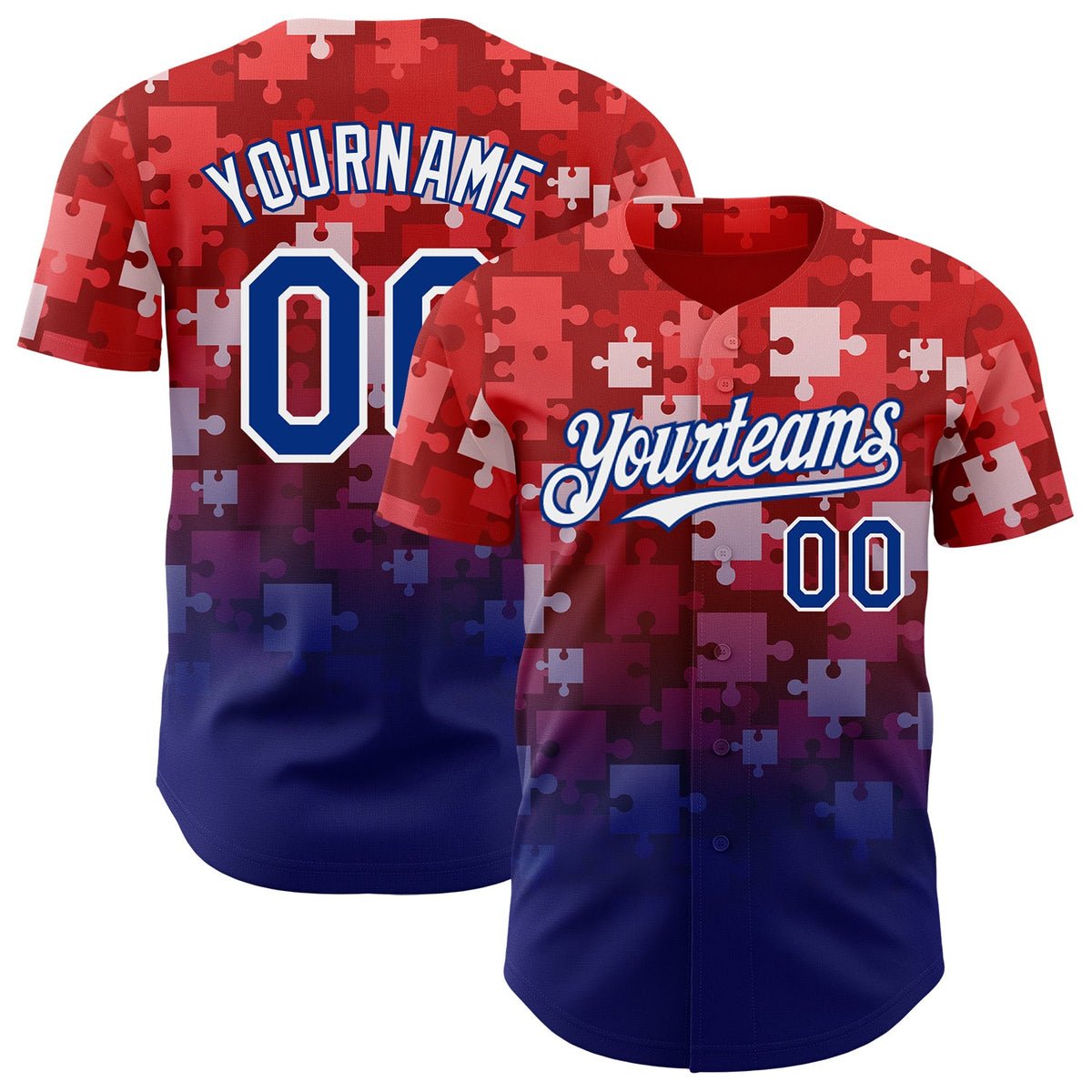 Custom Red Royal-White Gradient Puzzle 3D Pattern Design Authentic Baseball Jersey