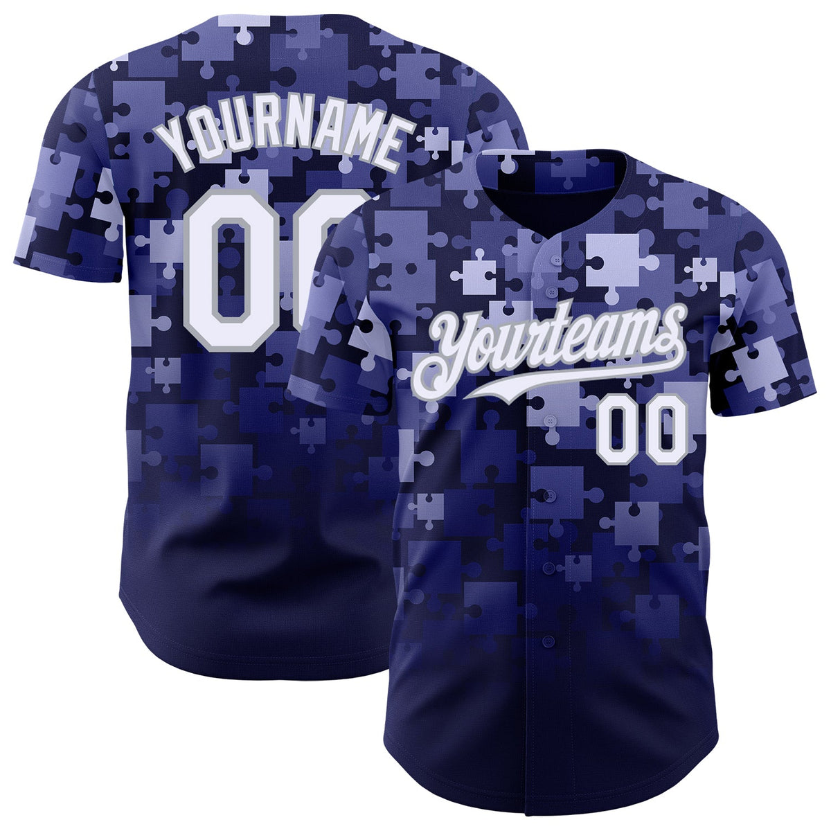 Custom Blue White Navy-Gray Gradient Puzzle 3D Pattern Design Authentic Baseball Jersey