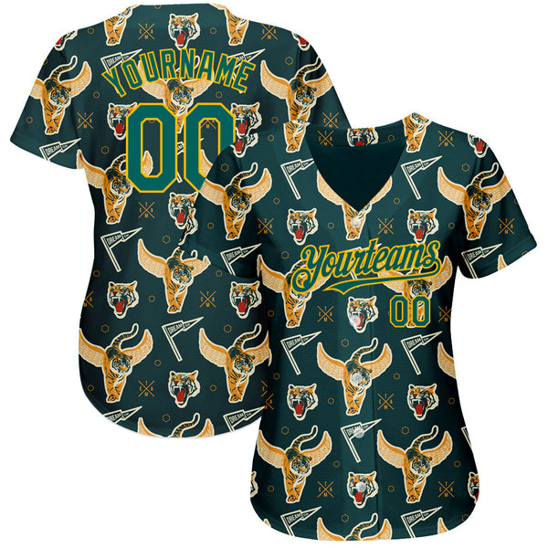 Custom Black Midnight Green-Gold 3D Pattern Design Tiger Authentic Baseball Jersey alternate