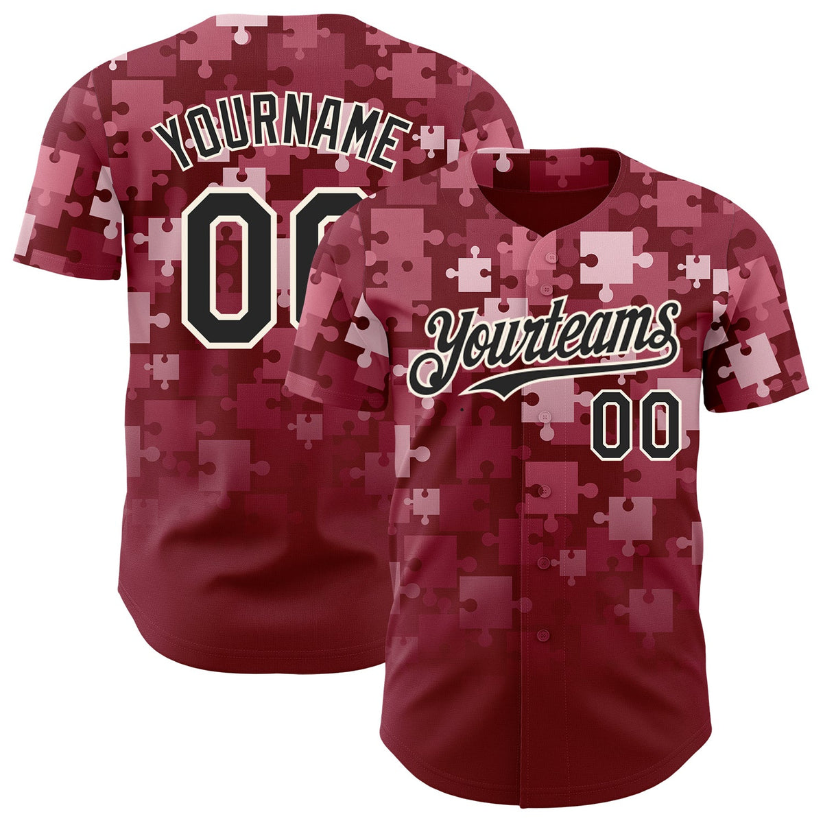 Custom Crimson Black-Cream Puzzle 3D Pattern Design Authentic Baseball Jersey
